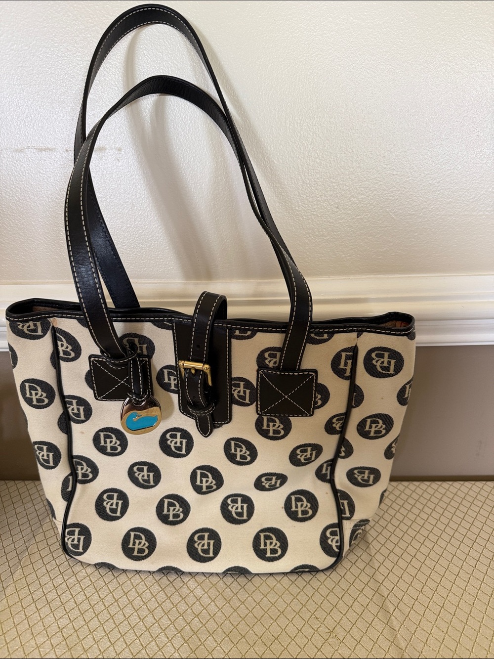 DB Monogram Canvas Tote Bag in Cream and Black